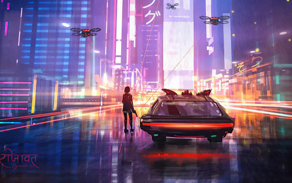 Sci-fi cyberpunk HD wallpaper featuring a futuristic car and drones hovering above a neon-lit cityscape with a person standing next to the car.