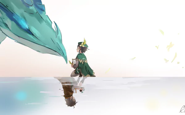 A serene 4K Ultra HD PC wallpaper featuring Venti from Genshin Impact, interacting with a large, translucent creature against a soft, light background.