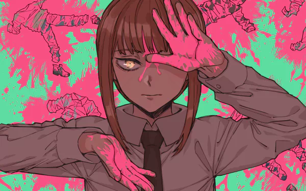 HD desktop wallpaper featuring Makima from Chainsaw Man, with a vibrant pink backdrop and dynamic pose.