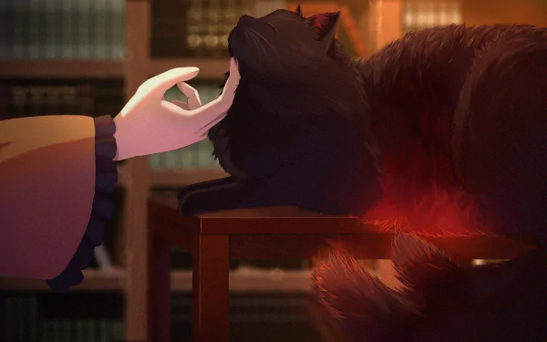 Koishi Komeiji from Touhou gently strokes Rin Kaenbyou’s black anime cat in a warm, detailed 4K Ultra HD desktop wallpaper scene.