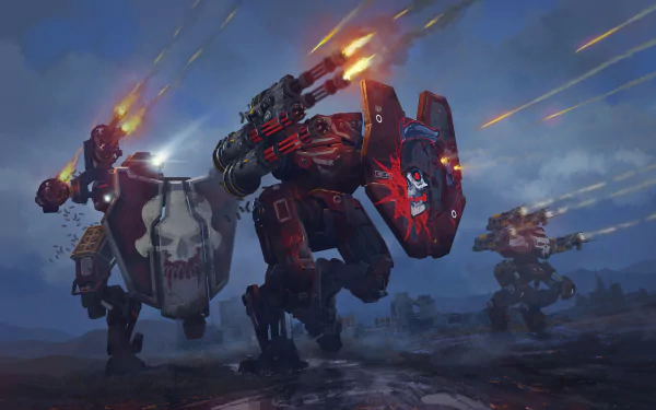 HD desktop wallpaper featuring War Robots in dynamic battle action under a dusky sky.