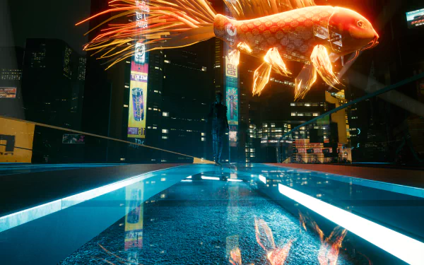 A glowing, futuristic koi fish floating above a neon-lit street in Night City from Cyberpunk 2077, captured in stunning 4K Ultra HD for PC.