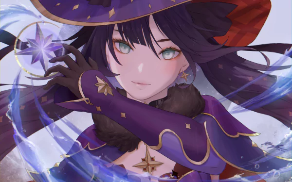 HD PC desktop wallpaper featuring Mona from Genshin Impact with striking green eyes and black hair, showcasing her mystical, elegant appearance from the video game.