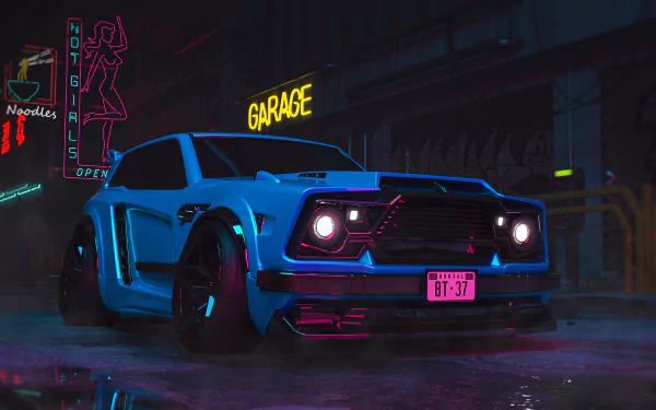 A neon-lit Cyberpunk 2077-inspired scene at night featuring a customized Rocket League car parked near a glowing garage sign in 4K Ultra HD detail.