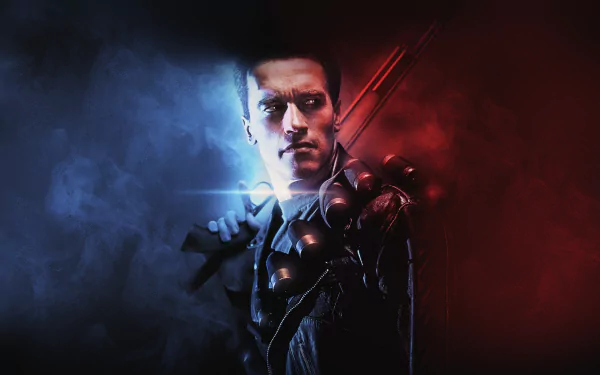 4K Ultra HD desktop wallpaper of Arnold Schwarzenegger as the T-800 from Terminator 2: Judgment Day, featuring dramatic blue and red lighting.