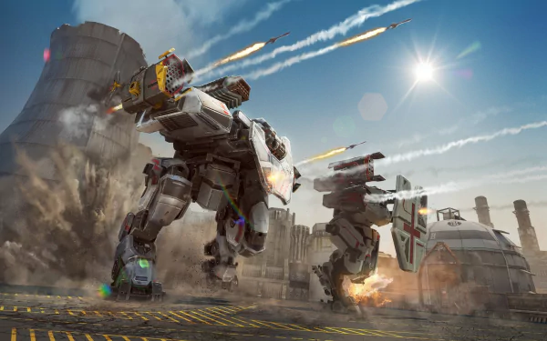 HD wallpaper of War Robots with combat mechs in action on a battlefield under a sunlit sky.