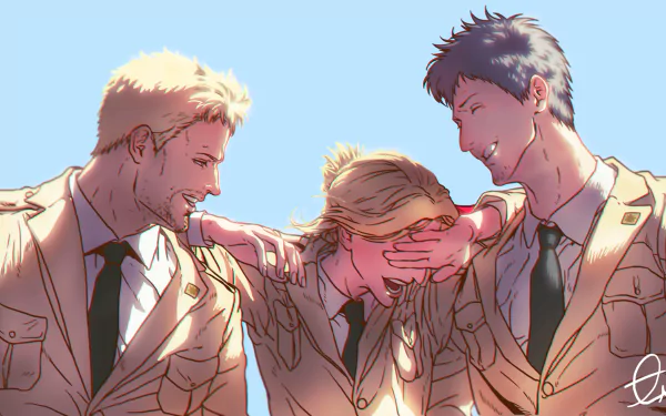 Bertolt Hoover, Reiner Braun, and Annie Leonhart from Attack on Titan featured in an HD desktop wallpaper and background.