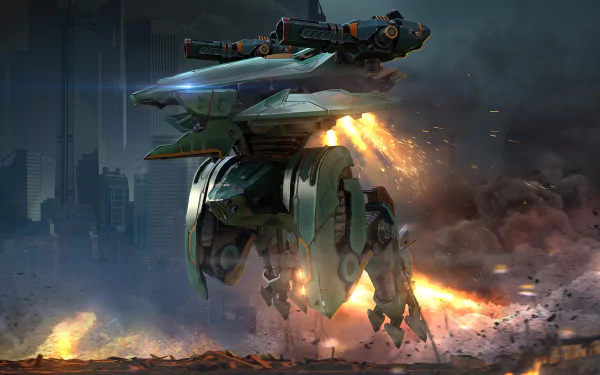 HD War Robots desktop wallpaper featuring a battle scene with towering robots amidst explosions and a dystopian cityscape background.