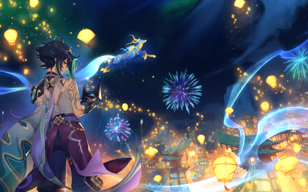 HD desktop wallpaper from Genshin Impact featuring Xiao in Liyue during the Lantern Rite festival with lanterns and fireworks in the background.
