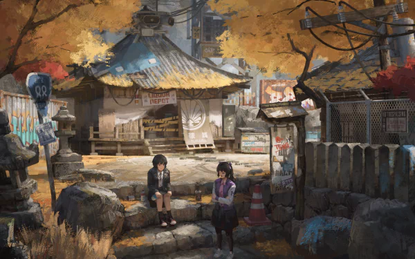 HD PC desktop wallpaper featuring Aya Shameimaru and Hatate Himekaidou from the Touhou anime series in a detailed autumn village scene.