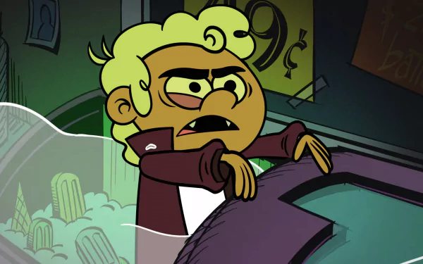 HD desktop wallpaper of Carlino Casagrande from The Loud House, with a concerned expression in a dimly lit room.