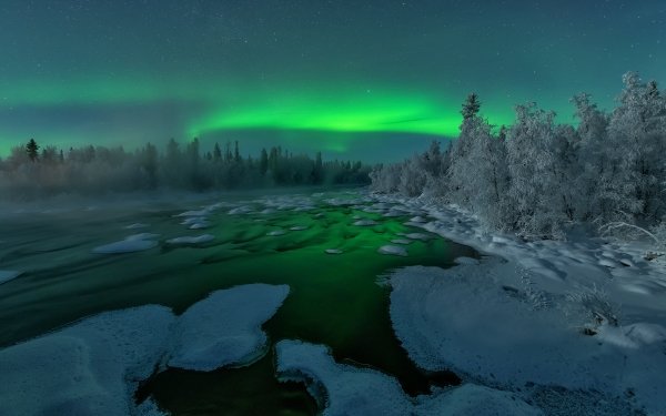 Earth Aurora Borealis Winter Snow River Russia Night HD Wallpaper | Background Image