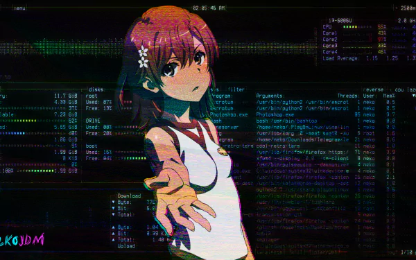 HD desktop wallpaper featuring Mikoto Misaka from A Certain Scientific Railgun, styled as a hacker with Linux code overlays and glitch effects.