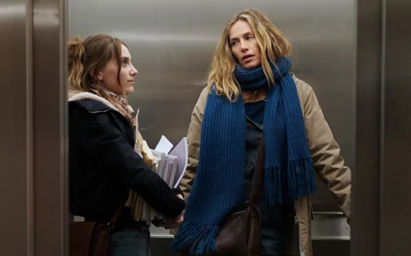 HD wallpaper featuring two characters from Call My Agent! in an elevator, looking at each other with a mix of concern and determination.