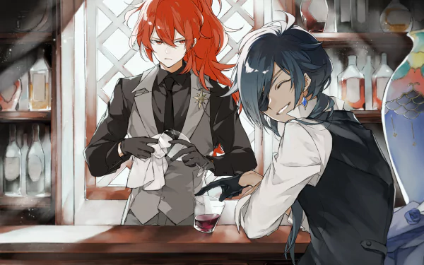 HD PC wallpaper featuring Genshin Impact characters Diluc with red hair and Kaeya with blue hair and an eye patch, set in a detailed bar scene.