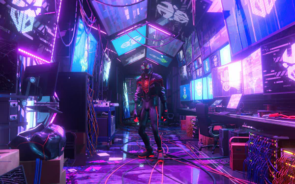 Miles Morales stands in a neon-lit tech room, showcased in a vivid 4K Ultra HD wallpaper from Marvel's Spider-Man: Miles Morales video game on PC.