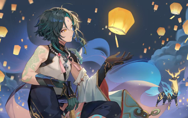 HD desktop wallpaper featuring Xiao from Genshin Impact during the Lantern Rite festival, capturing an enchanting night sky filled with glowing lanterns.