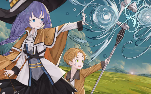 HD desktop wallpaper featuring Rudeus Greyrat and Roxy Migurdia from the anime Mushoku Tensei: Jobless Reincarnation, performing magic in a green field under a blue sky.