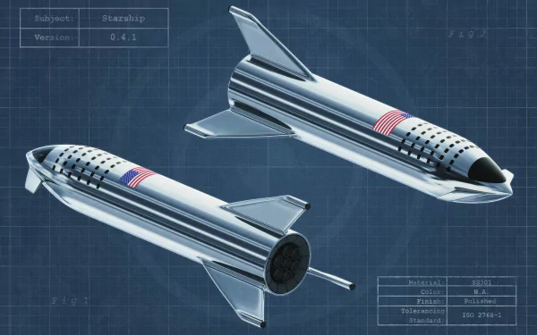 HD desktop wallpaper featuring SpaceX Starship with technical blueprint background.
