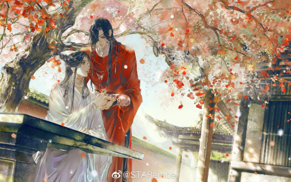 HD anime desktop wallpaper featuring Xie Lian and San Lang (Hua Cheng) from Heavenly Official’s Blessing and Crimson Rain Sought Flower, set under blossoming plum trees.