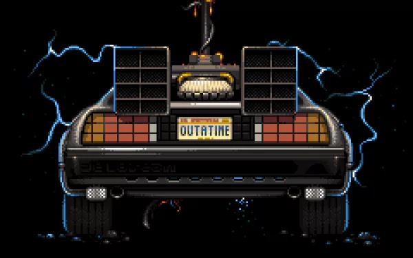 Pixel art HD desktop wallpaper featuring the rear view of the DeLorean time machine from the movie Back to the Future with electric sparks and OUTATIME license plate.