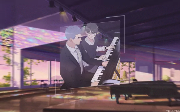 Anime-style 4K Ultra HD PC wallpaper featuring Li Huan and Yang Yu playing piano in a picture-in-picture scene from Here U Are.