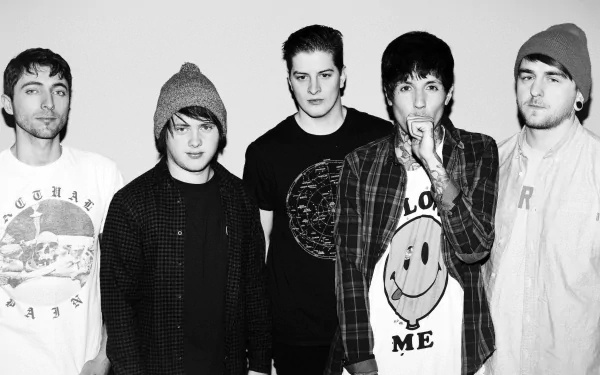 HD desktop wallpaper of Bring Me The Horizon band members posing against a white background, in monochrome.