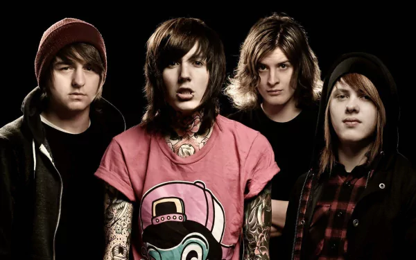 HD desktop wallpaper featuring the band Bring Me The Horizon, showcasing four members in a striking pose with bold clothing and expressive expressions against a dark background.