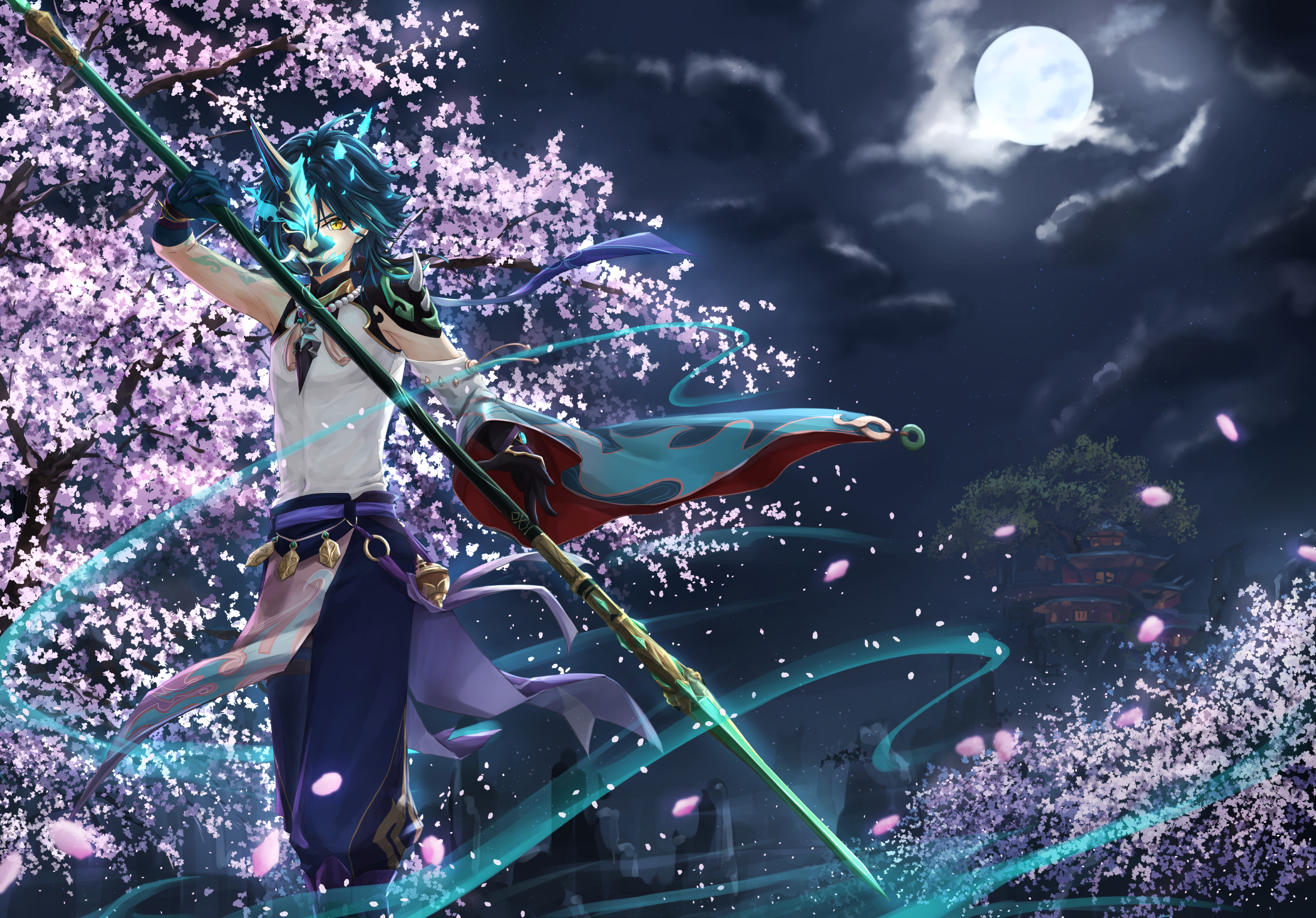 アニメ MOON Xiao-Sphere Xiao of Genshin Impact – Moonlit Spear & Cherry Blossoms HD
