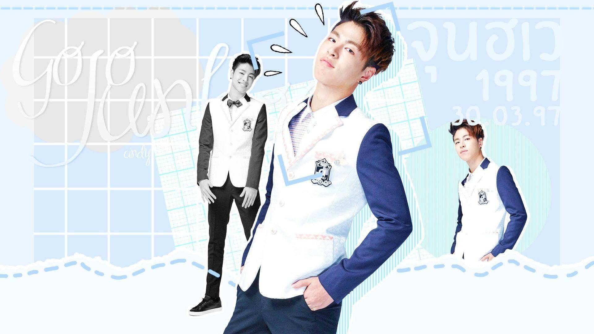 HD desktop wallpaper featuring a collage of a member from iKON posing in a blue and white outfit against a stylized blue background.