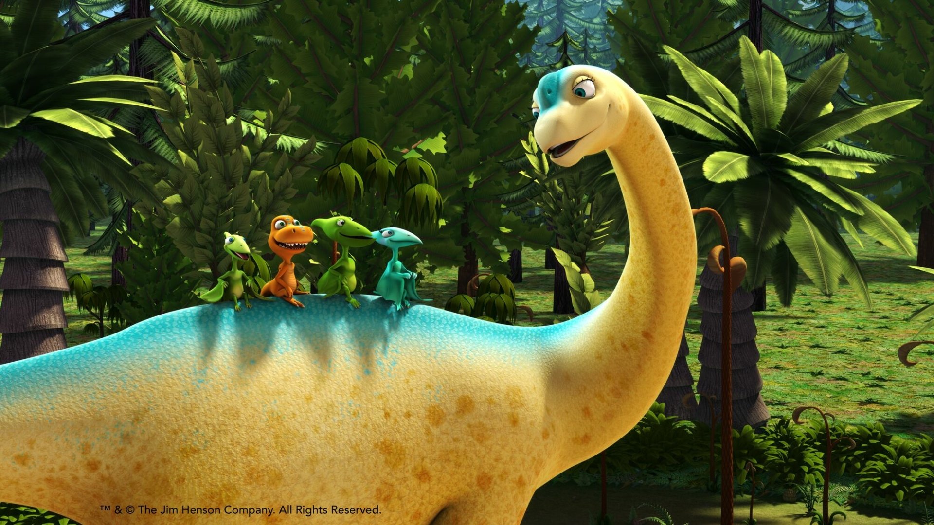 HD desktop wallpaper from Dinosaur Train depicting a friendly blue Brachiosaurus with three smaller dinosaurs on its back amid a lush green backdrop.