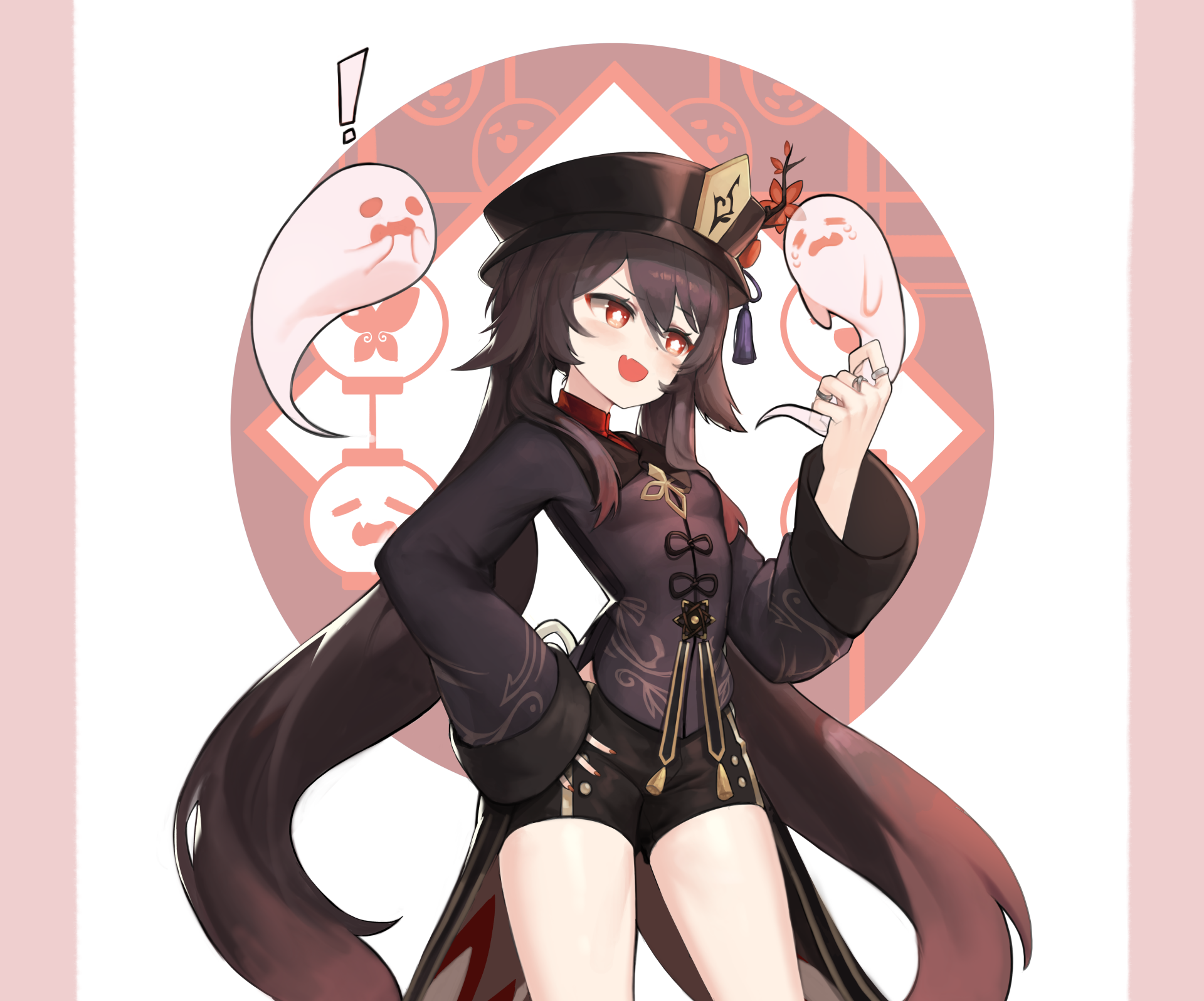 HD desktop wallpaper featuring Hu Tao from the video game Genshin Impact, showcasing her in a playful pose with ghostly spirits in the background.