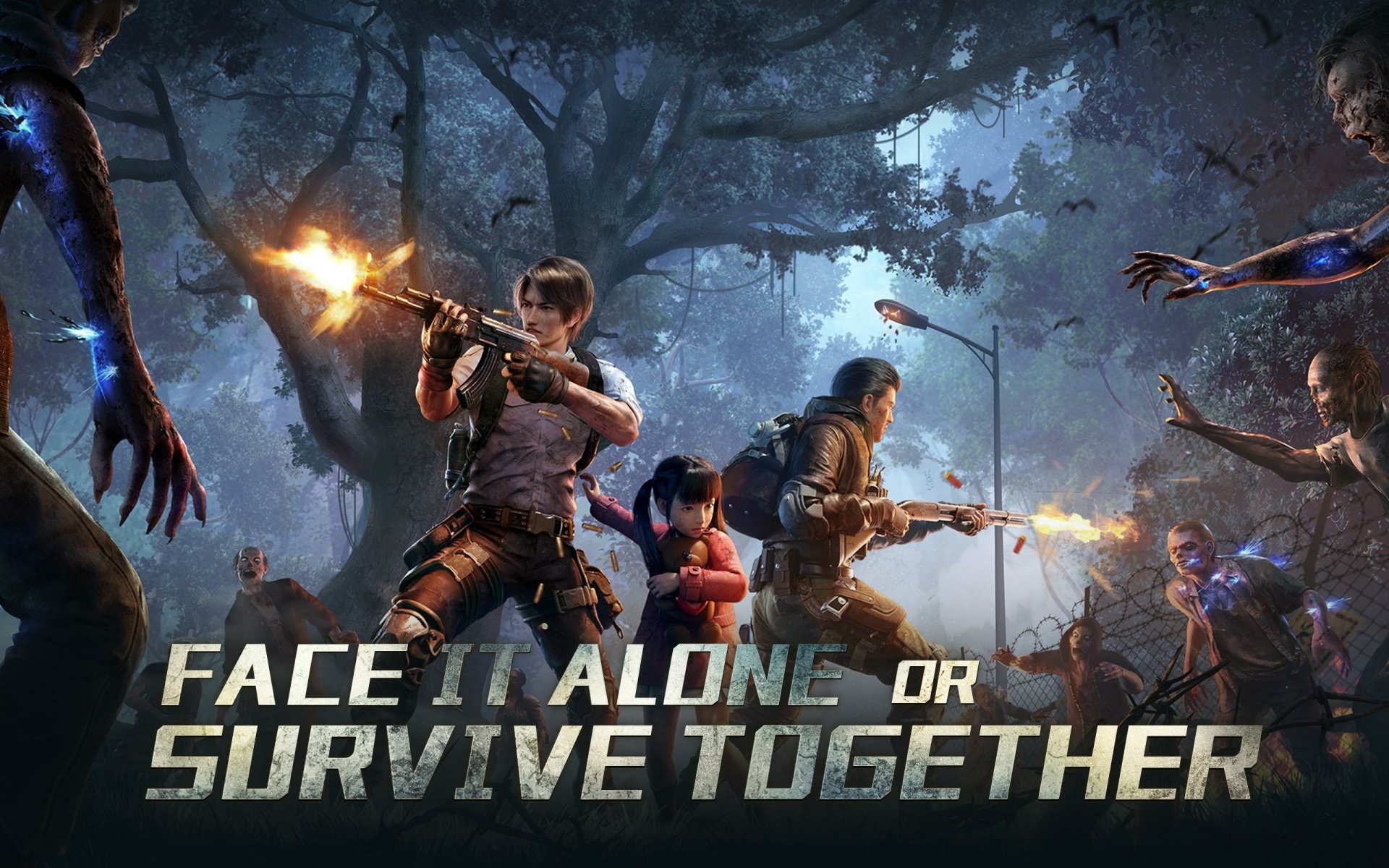 HD desktop wallpaper with LifeAfter characters armed for battle against zombies, captioned Face it alone or survive together.