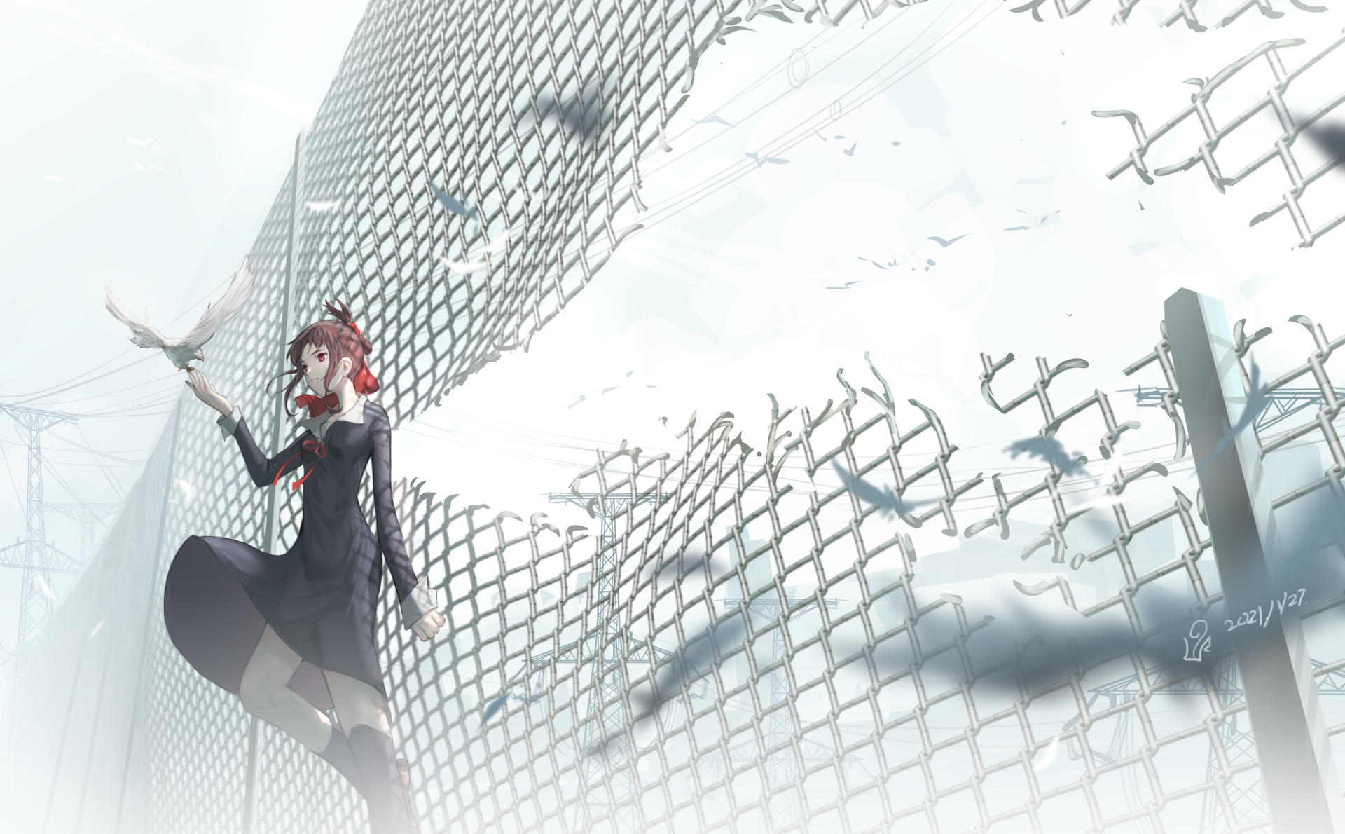 Kaguya Shinomiya from Kaguya-sama: Love is War in a school uniform, standing by a broken chain-link fence against a bright, cloudy sky in a 4K Ultra HD anime wallpaper.