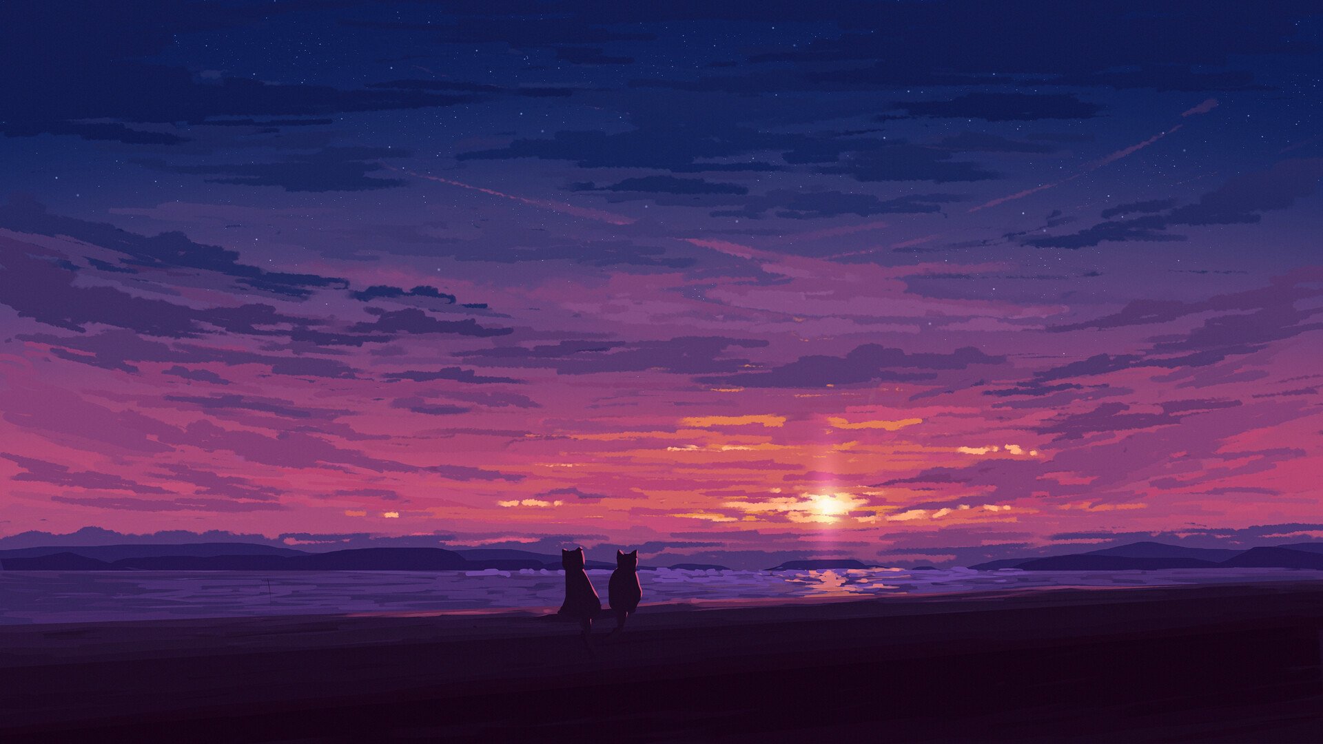 HD desktop wallpaper featuring an anime-style illustration of a cat sitting on a beach at sunrise, with a vibrant sky of purple and pink hues.