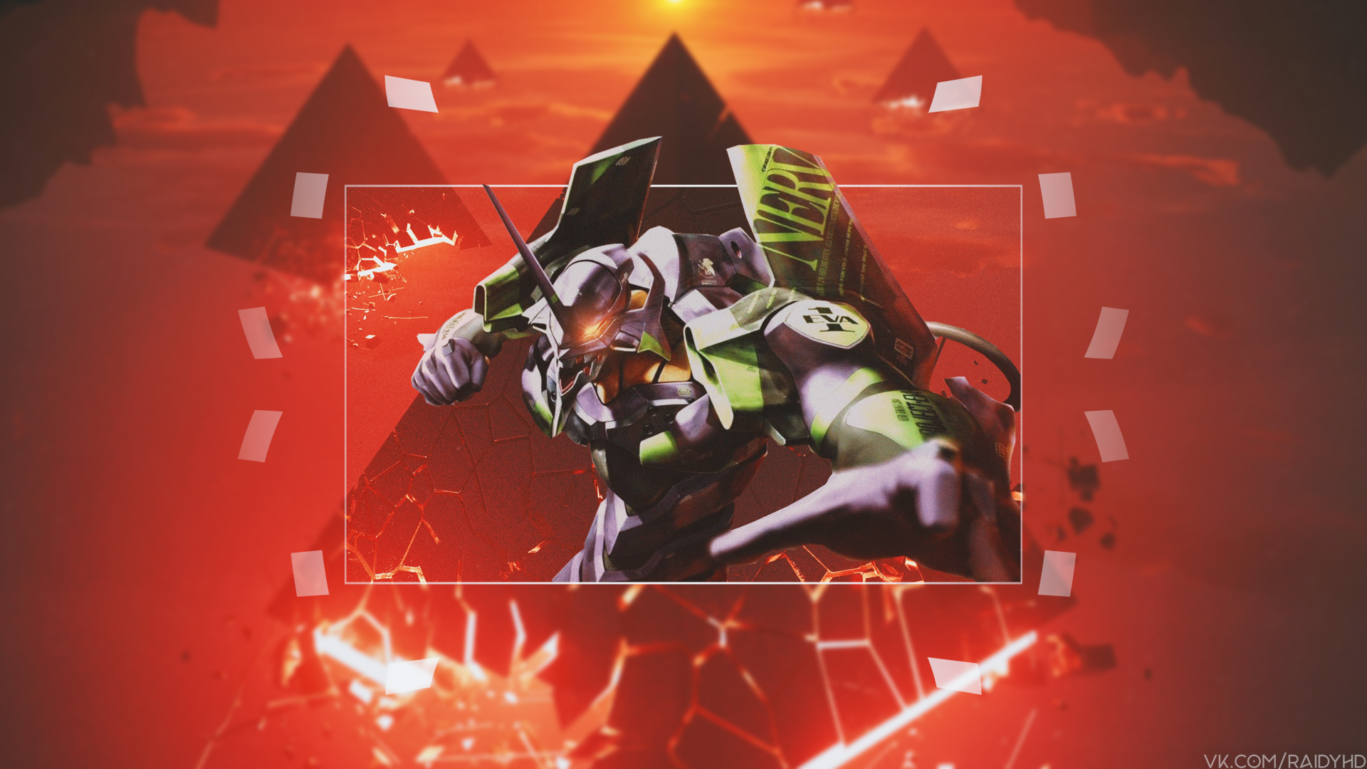 4K Ultra HD PC desktop wallpaper featuring Evangelion Unit-01 from Neon Genesis Evangelion with dynamic picture-in-picture effects and a fiery red background.