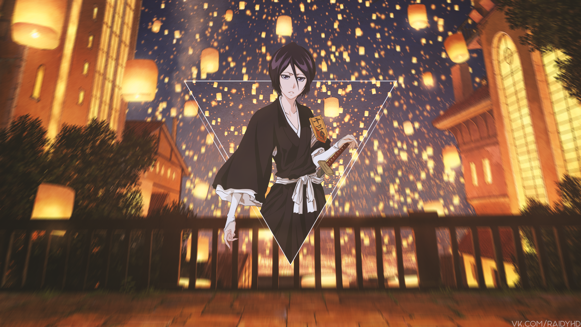 Rukia Kuchiki from Bleach appears in a picture-in-picture style against a glowing cityscape at night, rendered as a 4K Ultra HD PC desktop wallpaper.