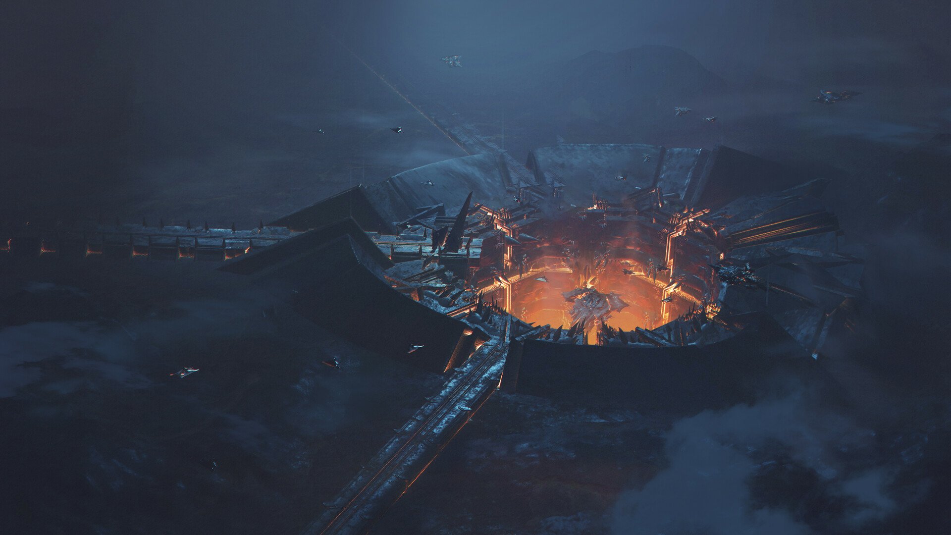 HD sci-fi desktop wallpaper depicting a glowing futuristic structure surrounded by dark, misty terrain under a night sky.