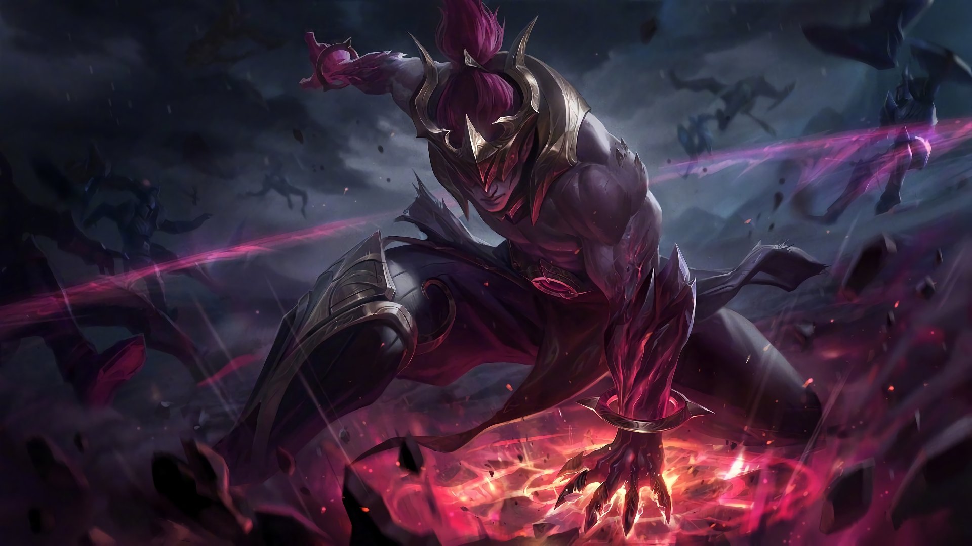 Lee Sin from League of Legends in a dynamic crouch, crimson chi swirling around his hands as shattered earth and storm clouds erupt — 4K Ultra HD video game PC desktop wallpaper/background