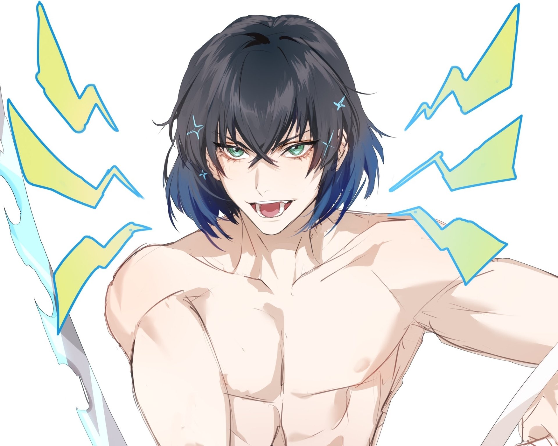 HD PC desktop wallpaper: anime (Demon Slayer: Kimetsu no Yaiba) shirtless young man with dark hair, green eyes and fierce grin, stylized lightning bolts radiating on a white background.