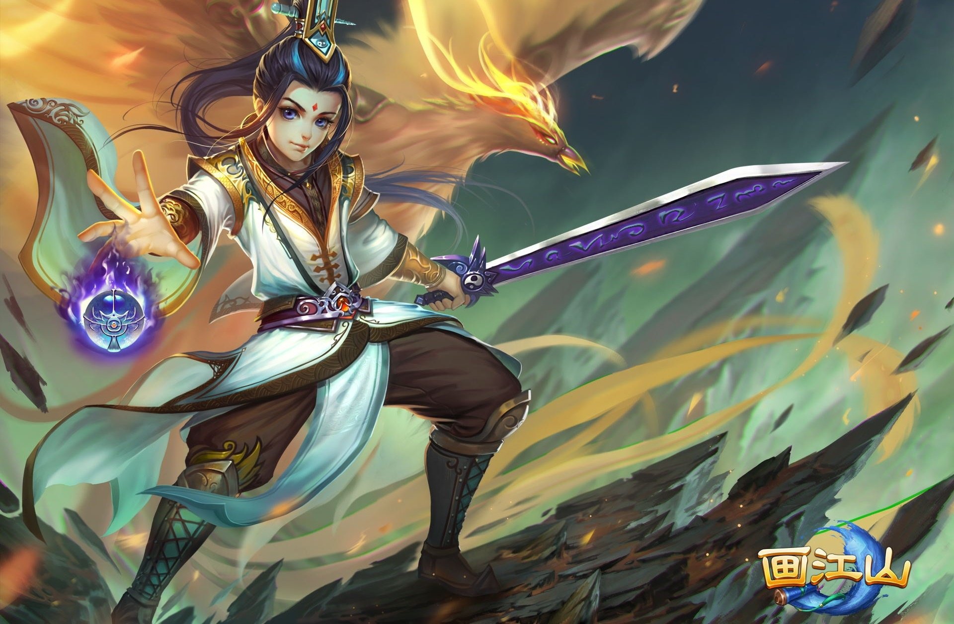 Mobile Legends: Bang Bang hero in flowing robes, wielding a glowing sword and magic orb with a phoenix spirit above — dynamic magic and wind effects, HD PC desktop wallpaper background, video game art.
