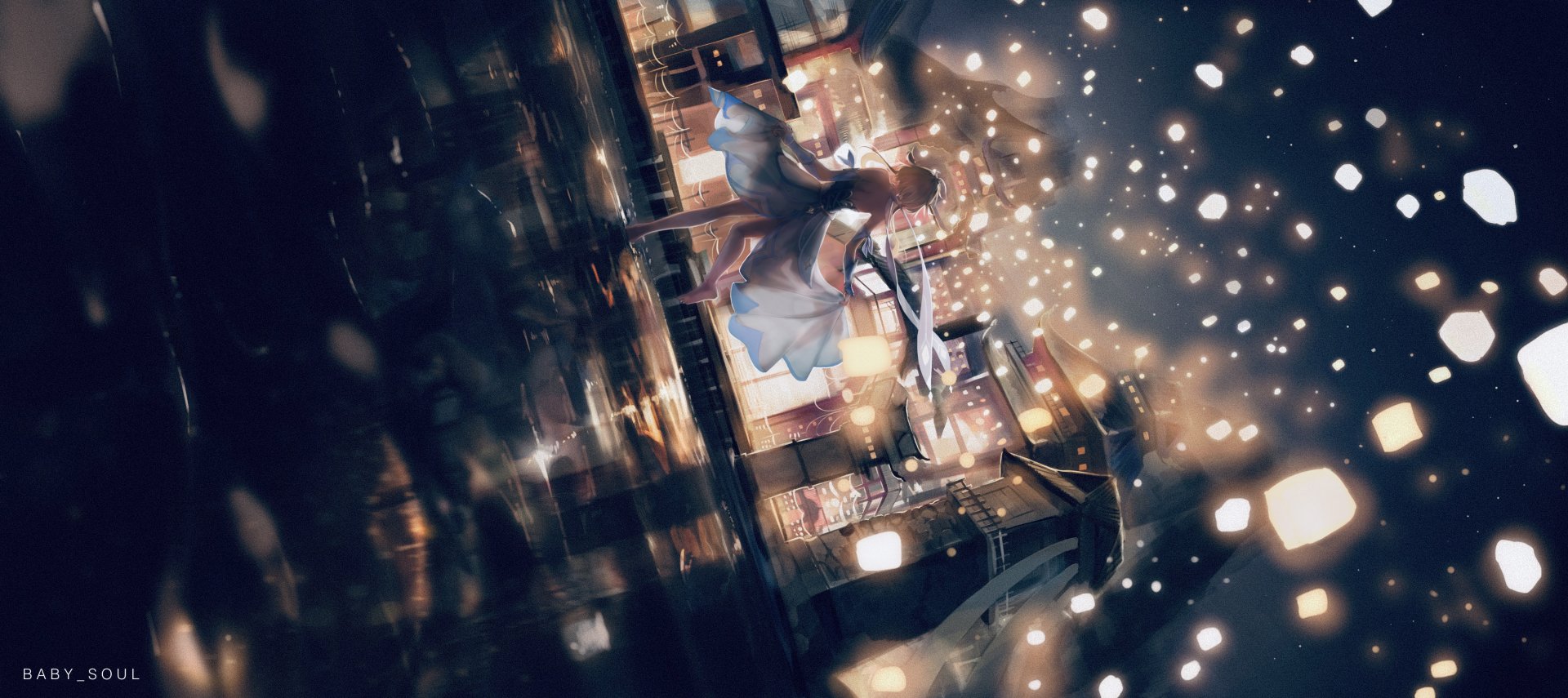 HD PC desktop wallpaper featuring Lumine from the video game Genshin Impact surrounded by glowing particles in a dynamic, atmospheric scene.