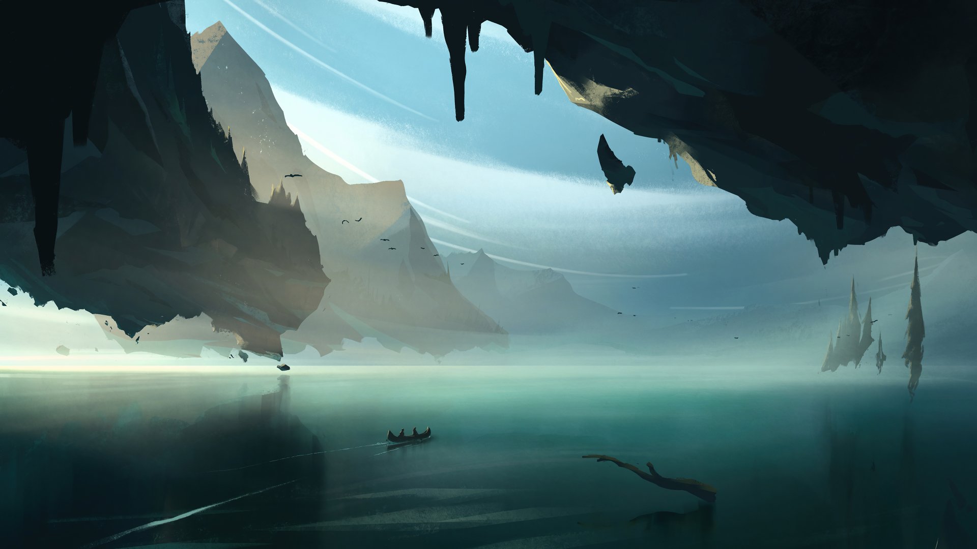 A stunning HD desktop wallpaper featuring a fantasy landscape with a small boat gliding across serene water, surrounded by majestic cliffs and ethereal light filtering through the scene.