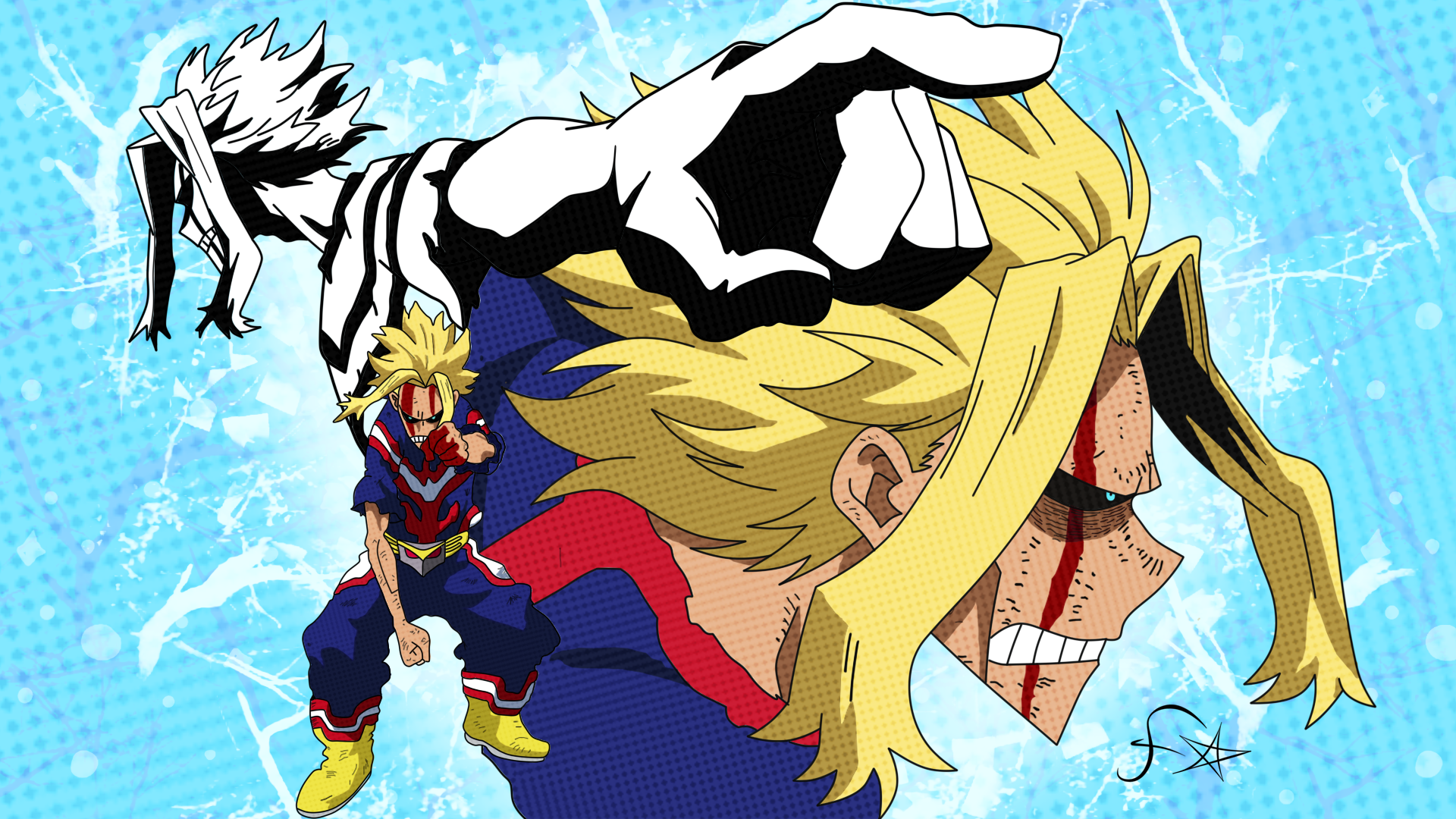 HD PC desktop wallpaper of All Might (My Hero Academia) — dynamic anime art with close-up profile, full-body heroic pose and electric blue background.
