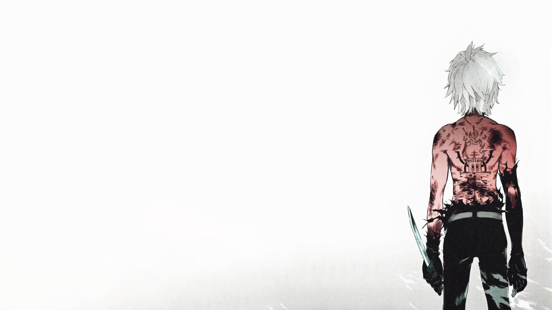 HD anime desktop wallpaper featuring Bell Cranel from Is It Wrong to Try to Pick Up Girls in a Dungeon? showing his back with tattoos and holding a dagger.