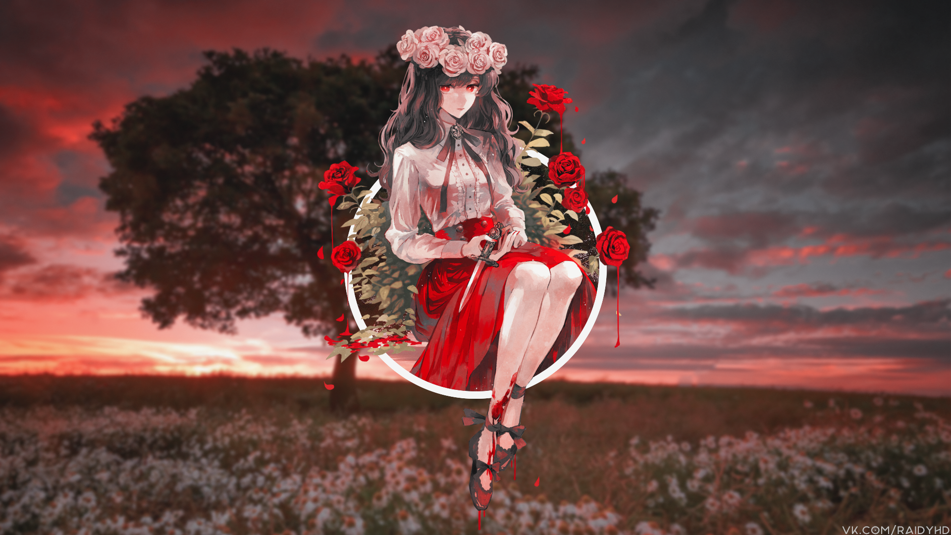 Download Rose Picture-in-picture Black Hair Anime Girl Sunset Grassland Anime Girl Anime Sunset HD Wallpaper