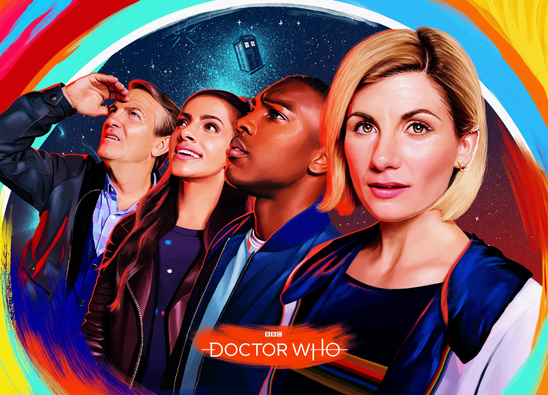 5K Ultra HD PC desktop wallpaper for Doctor Who (2005) showing four cast members—a blonde Doctor and three companions—posed against a vibrant swirling backdrop with a small TARDIS.