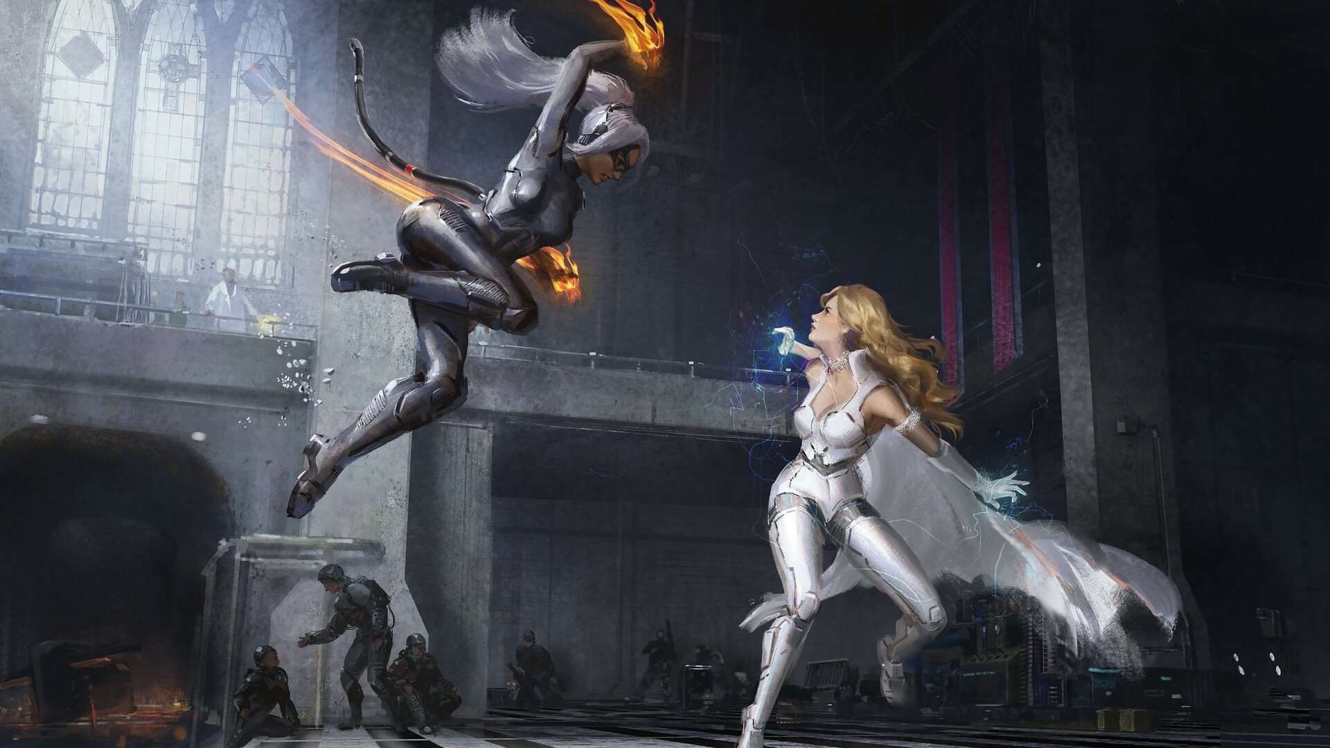 HD Marvel Comics desktop wallpaper featuring Dagger and Black Cat in dynamic action poses inside a dark, abandoned building setting.
