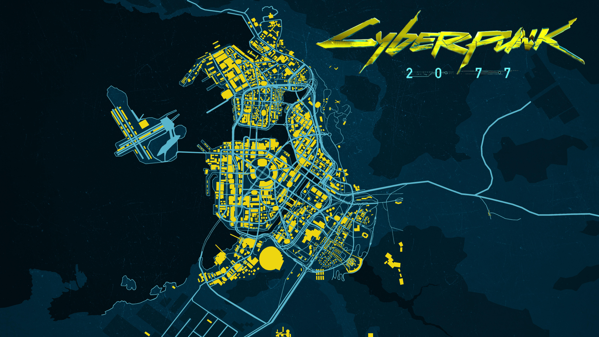 Neon blue-and-yellow map of Night City from Cyberpunk 2077 with the Cyberpunk 2077 logo — 4K Ultra HD PC desktop wallpaper/background, video game artwork.
