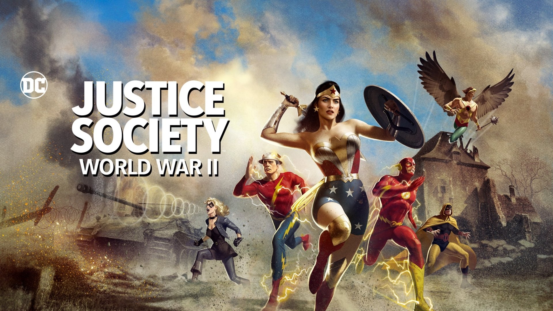 HD PC desktop wallpaper for Justice Society: World War II — Justice Society of America members: Wonder Woman, Hawkman (Carter Hall), Black Canary (Dinah Drake), Jay Garrick, Barry Allen, Hourman.